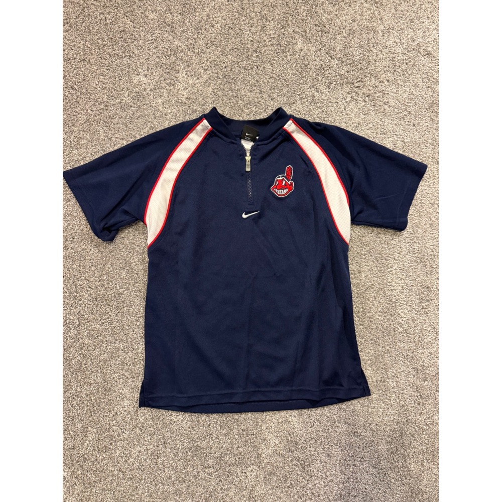 Nike Pullover Jersey Kids L Blue Cleveland Indians Chief Wahoo Quarter Zip Mesh